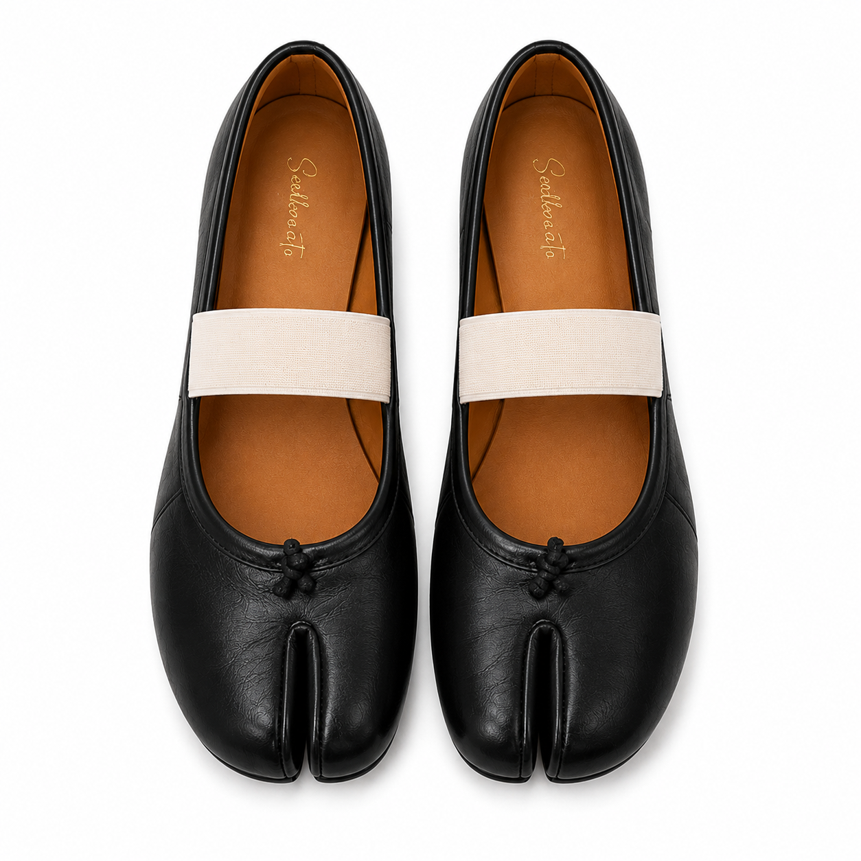 A pair of black leather tabi-style flats with a wide off-white elastic band across the top and a small black tab detail at the toe, shown from a top-down view on a white background.