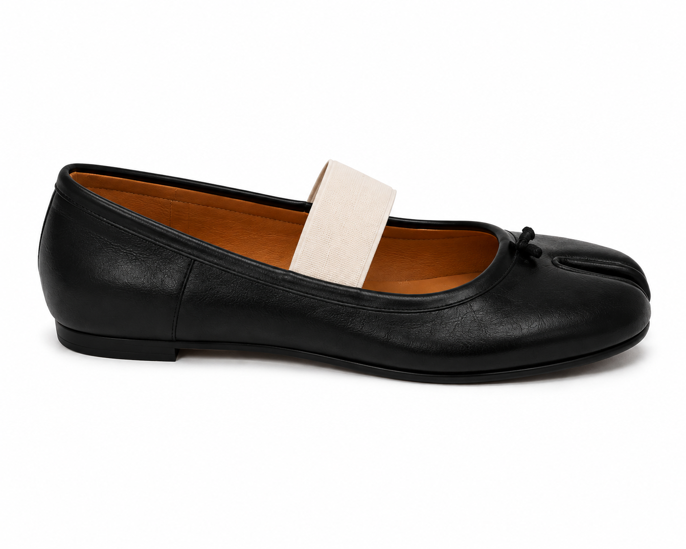 A black leather ballet flat shoe with a split-toe detail, a small black bow, and a contrasting beige fabric strap across the instep, shown against a plain white background.