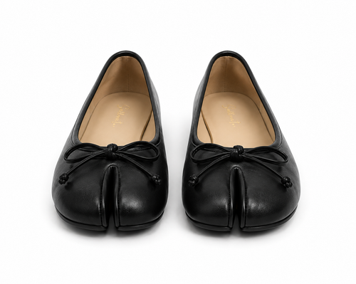A pair of black leather tabi-style ballet flats with a split toe and a small bow detail on the front, shown against a plain white background.