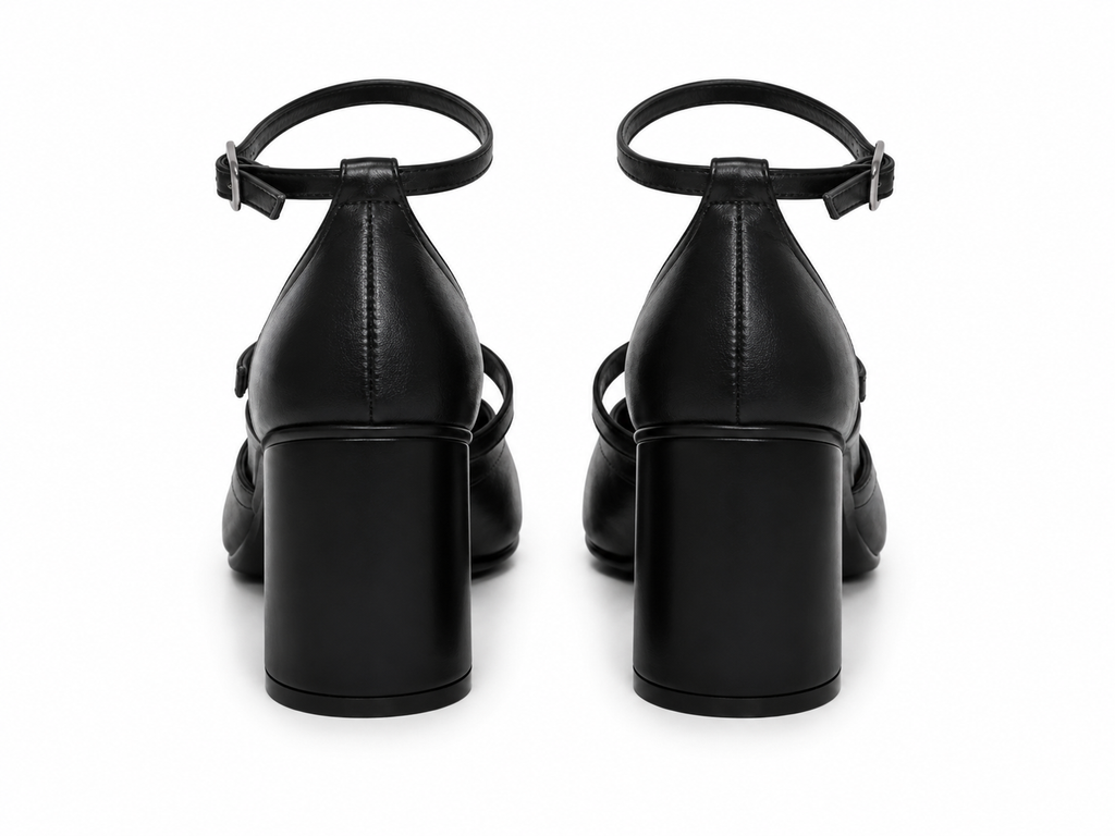 A pair of black leather block-heel sandals with ankle straps, shown from the back on a clean white background.