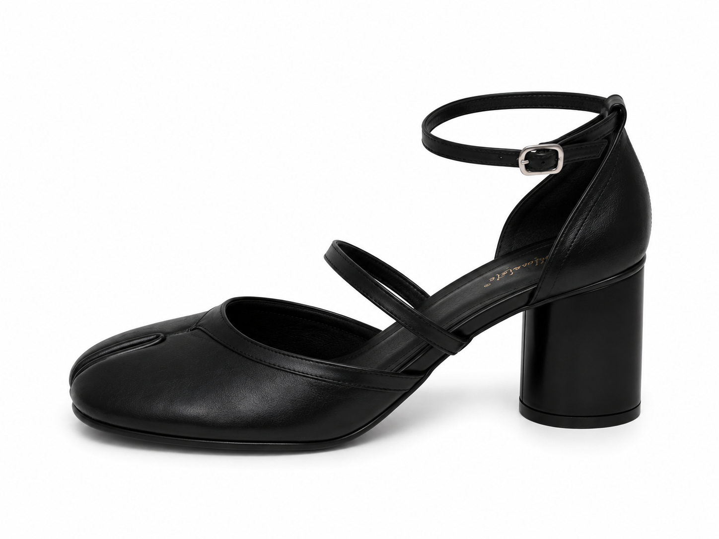 A black leather Mary Jane-style block heel shoe with an ankle strap and a single front strap, shown from a side profile on a white background.